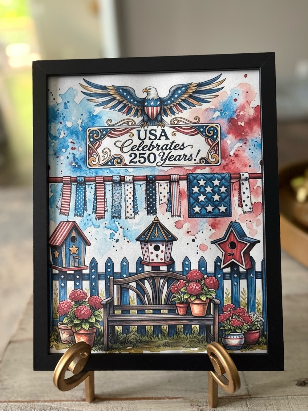 USA Celebrates 250 Years Framed 8x10 Patriotic Wall Art - Red, White & Blue